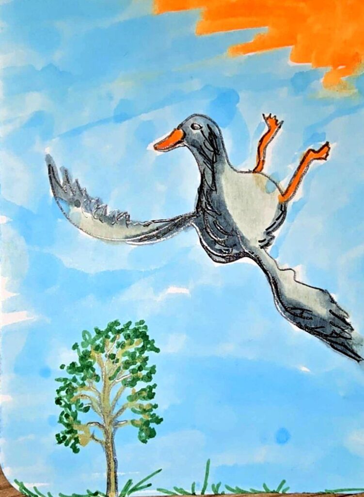 Leuchtend gemaltes Bild von einer Gans, die ihren Körper vor der Landung zum Bremsen abdreht