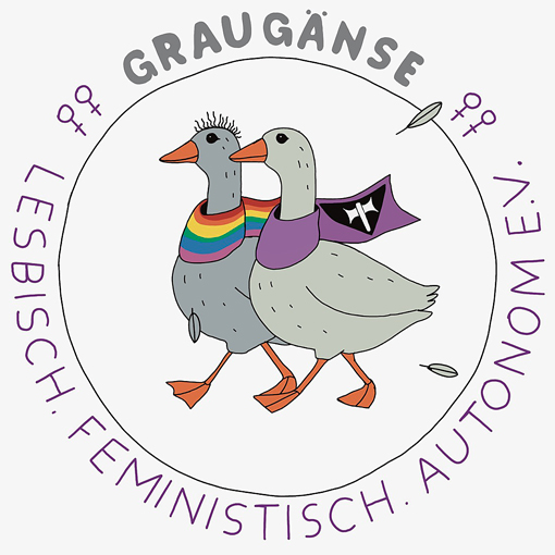 Zeichnung: zwei graue Gänse mit Regenbogenschal und Doppelaxt